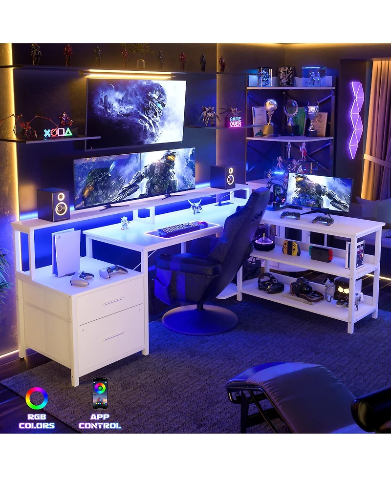 Aheaplus L-Shaped Computer Desk with Drawers and Monitor Shelf, Gaming Desks Led Strip