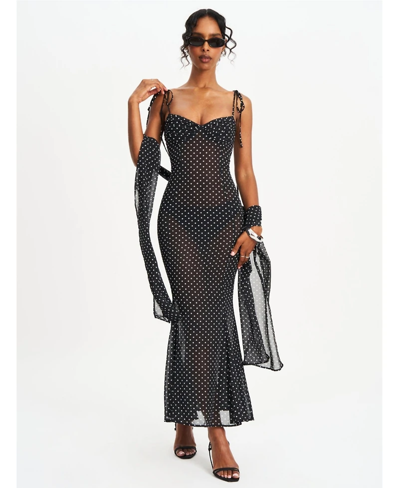 Miss Circle Women's Yadira Black Base Polka Dot Chiffon Maxi Dress