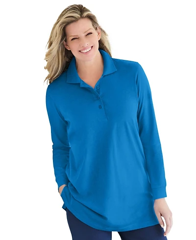Woman Within Plus Long-Sleeve Polo Shirt
