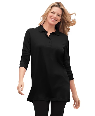 Woman Within Plus Long-Sleeve Polo Shirt