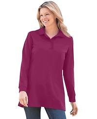 Woman Within Plus Long-Sleeve Polo Shirt