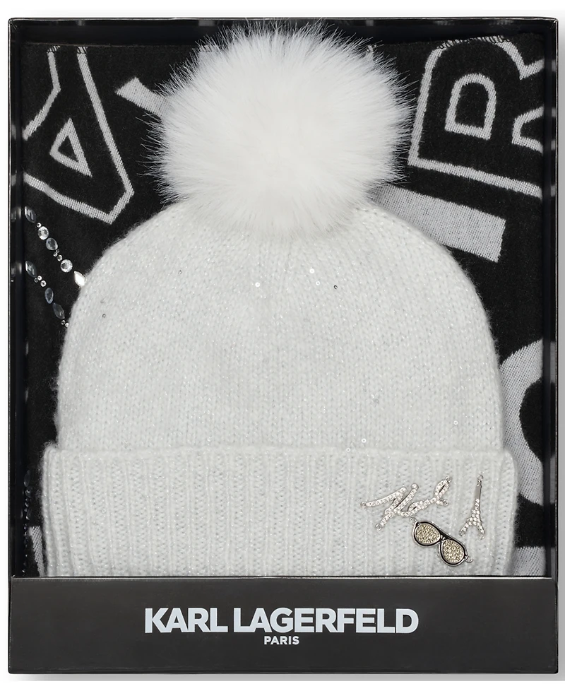 Karl Lagerfeld Paris Women's 2-Piece Karl Jumble Muffler And Sequin Knit Beanie Gift Set