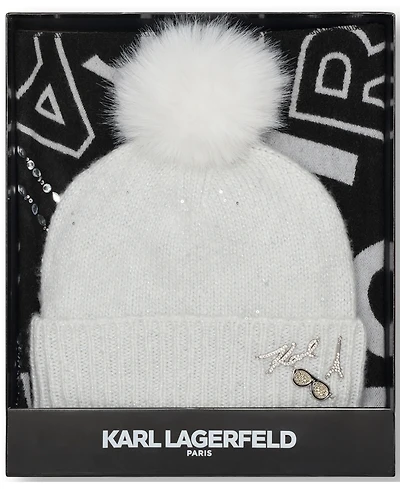 Karl Lagerfeld Paris Women's 2-Piece Karl Jumble Muffler And Sequin Knit Beanie Gift Set