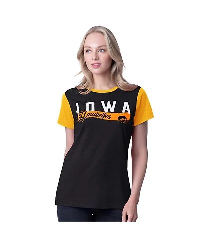G-iii 4Her by Carl Banks Women's Black Iowa Hawkeyes Racer Crewneck Ringer T-Shirt