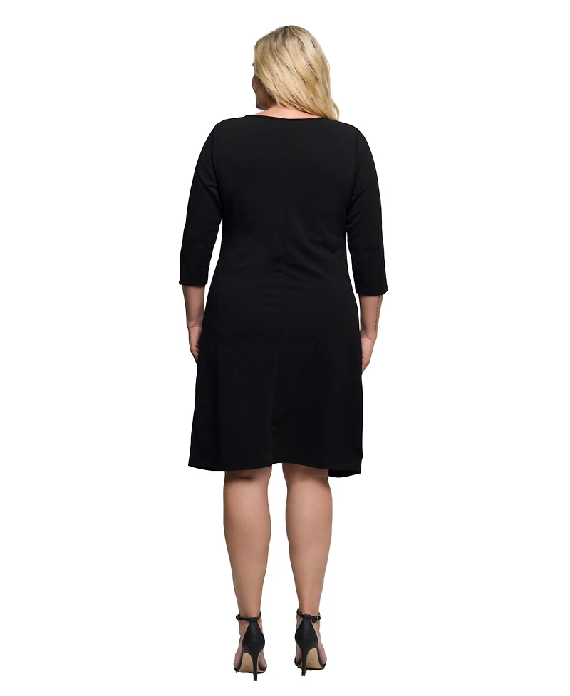 24seven Comfort Apparel Plus Three Quarter Sleeve Ruched Tulip Hem Mini Dress