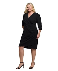 24seven Comfort Apparel Plus Solid Color V Neck Faux Wrap Dress