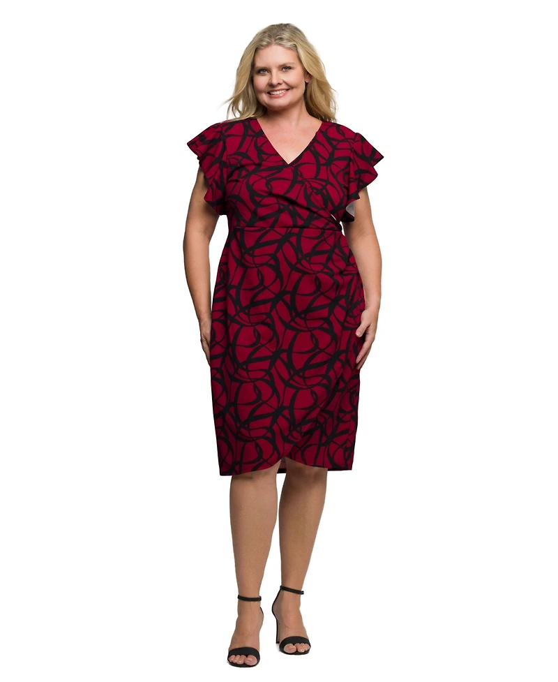 24seven Comfort Apparel Plus Size Burgundy Print Flutter Sleeve Faux Wrap Dress