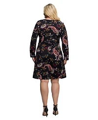 24seven Comfort Apparel Plus Black Paisley Print Long Sleeve Fit and Flare Dress