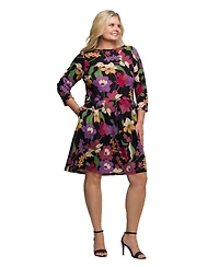 24seven Comfort Apparel Plus Black Multicolor Floral Fit and Flare Pocket Knee Length Dress