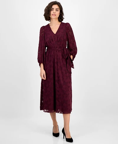 Anne Klein Women's Jacquard V-Neck 3/4-Sleeve Midi Dress