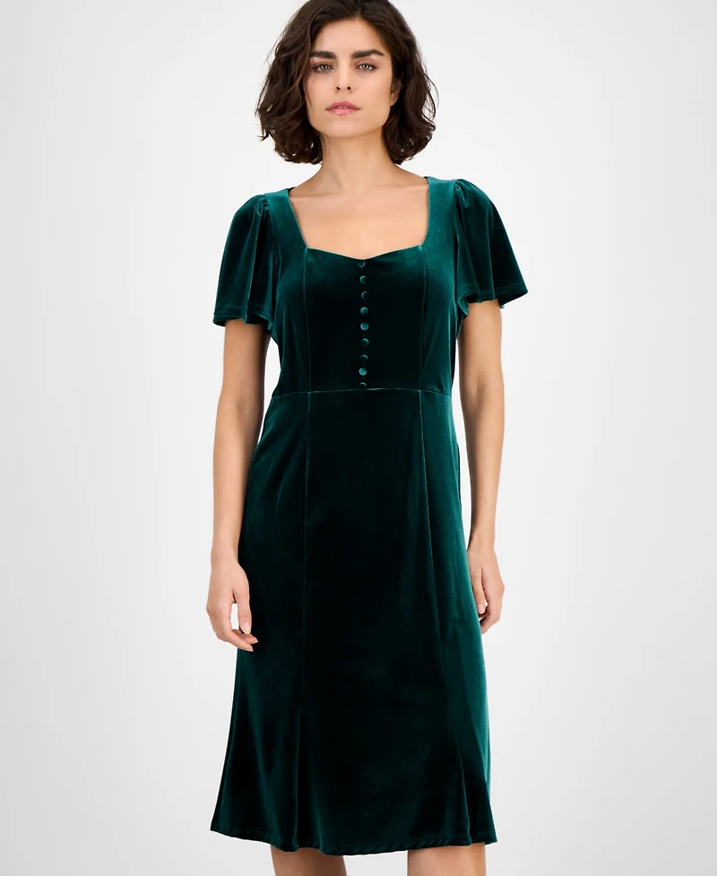 Anne Klein Women's Sweetheart-Neck Puff Sleeve Velvet Midi Dress
