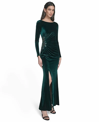 Eliza J Petite Side Ruched Long Sleeve Gown