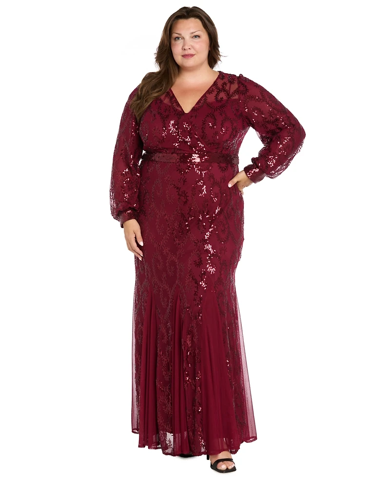 R & M Richards Plus Surplice Sequined Gown