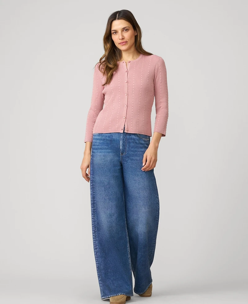 Cable & Gauge Women's Textured Rib Crewneck Cardigan