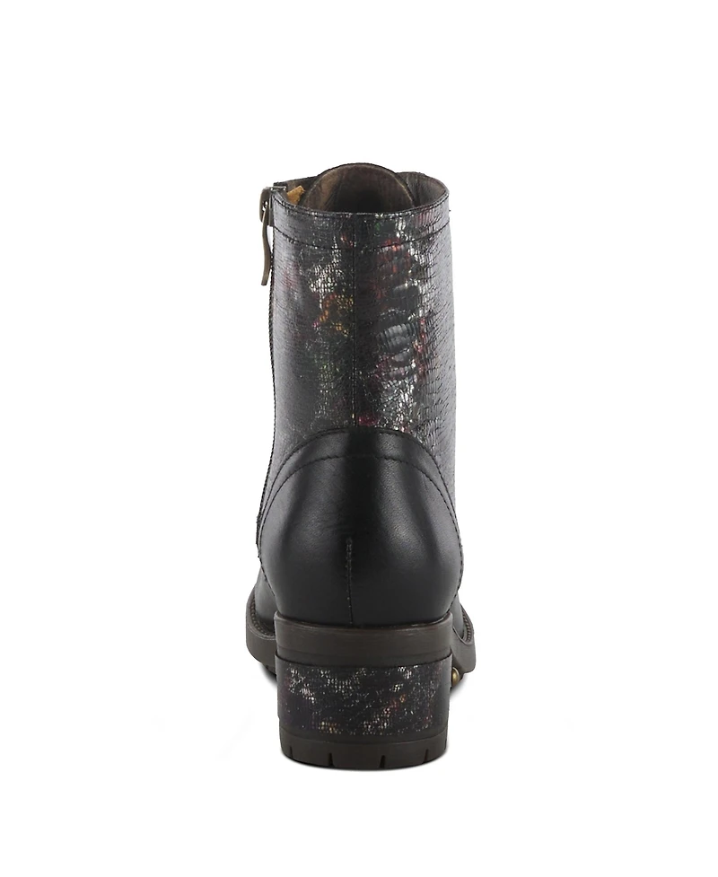 L Artiste Women s Marty-met Lace-Up Floral Metallic Boots with Faux Snakeskin Texture and Embossed Heel