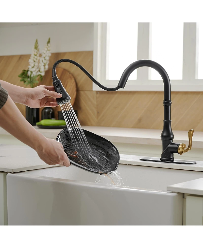 Greenspring Single-Handle Pull-Down Sprayer 3 Spray High Arc Kitchen Faucet With Deck Plate Matte Black & Gold