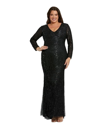 Mac Duggal Women's Long Sleeve V Neck Beaded Fringe Gown