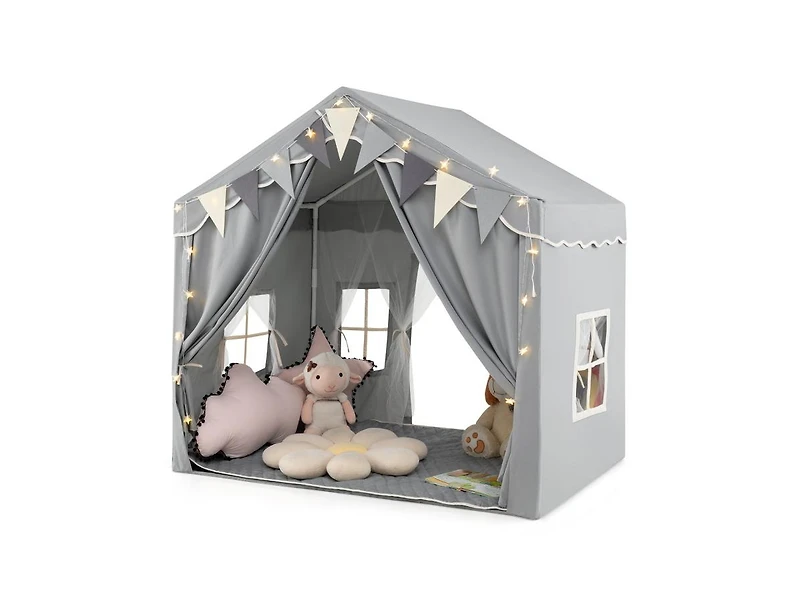 Large Play Tent House for 3-4 Kids with 2 Doors & Star Lights – Gray