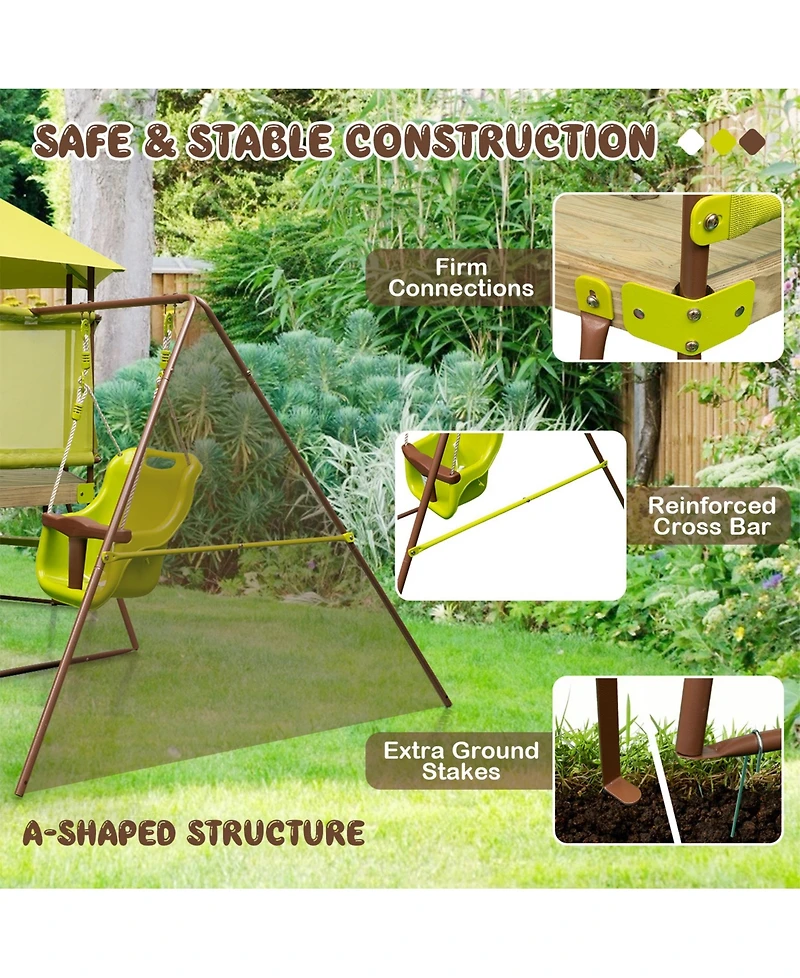 4-in-1 Swing Set with Covered Playhouse Fort and Height Adjustable Baby Seat