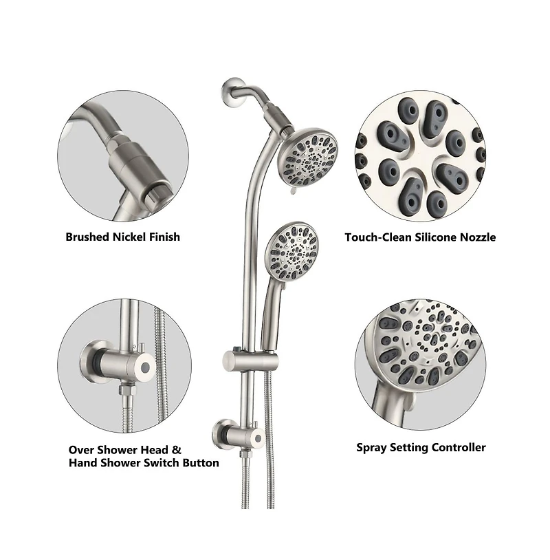 Rainsken Drill-Free Stainless Steel Slide Bar Combo Rain Showerhead 7-Setting Hand, Dual Shower Head Spa System (Rough-in Valve Included)