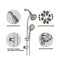 Rainsken Drill-Free Stainless Steel Slide Bar Combo Rain Showerhead 7-Setting Hand, Dual Shower Head Spa System (Rough-in Valve Included)