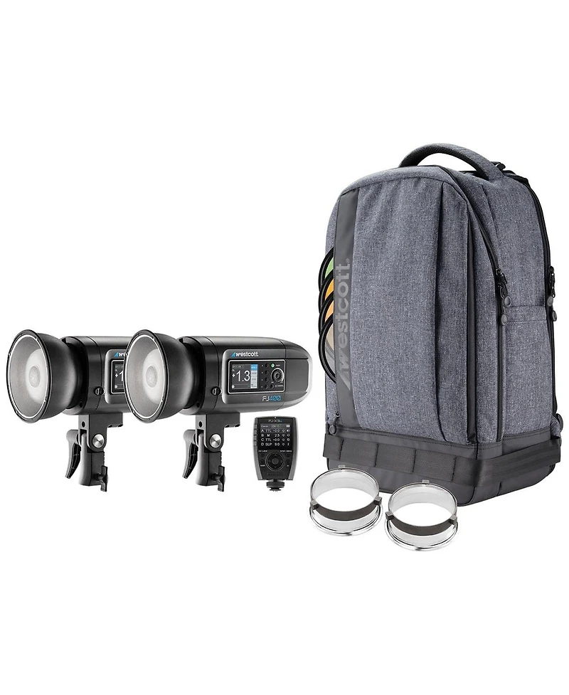 Westcott FJ400 Strobe 2-Light Backpack Kit with Fj-X3m Universal Wireless Trigger, Bundle with Flashpoint Pro Air-Cushioned Heavy-Duty Light Stands, R