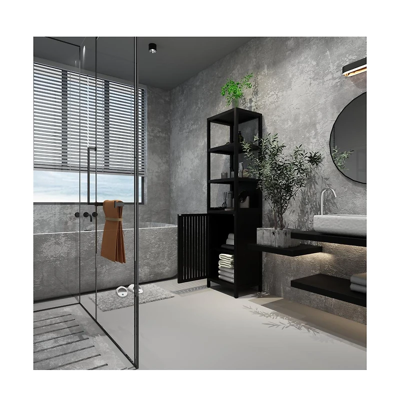 Chic Crate Black Slim Tall Cabinet Shutter Door +3 Tier Shelves | Freestanding Linen Tower | Bathroom/Kitchen/Living Room | Bamboo