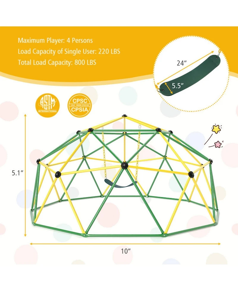 10 Feet Dome Climber with Swing and 800 Lbs Load Capacity