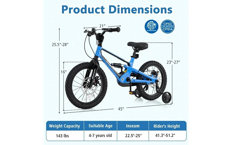 Akiudex 16 Inch Kids Bike with Training Wheels, Adjustable Seat, Dual Disc Brakes and Bell
