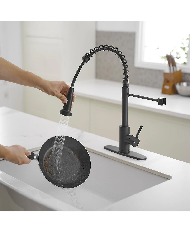 Greenspring Single-Handle Pull-Down Sprayer High Arc Kitchen Faucet With Deck Plate in Matte Black