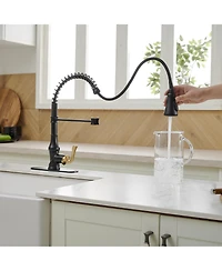 Greenspring Single-Handle Pull-Down Sprayer 3 Spray High Arc Kitchen Faucet With Deck Plate in Matte Black & Gold
