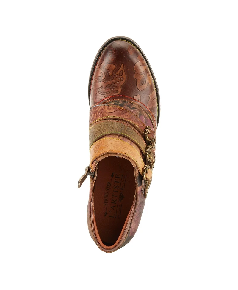 L Artiste Women s Graphic Handpainted Floral Leather Shooties with Antique Buckle and Stacked Heel