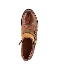 L Artiste Women s Graphic Handpainted Floral Leather Shooties with Antique Buckle and Stacked Heel