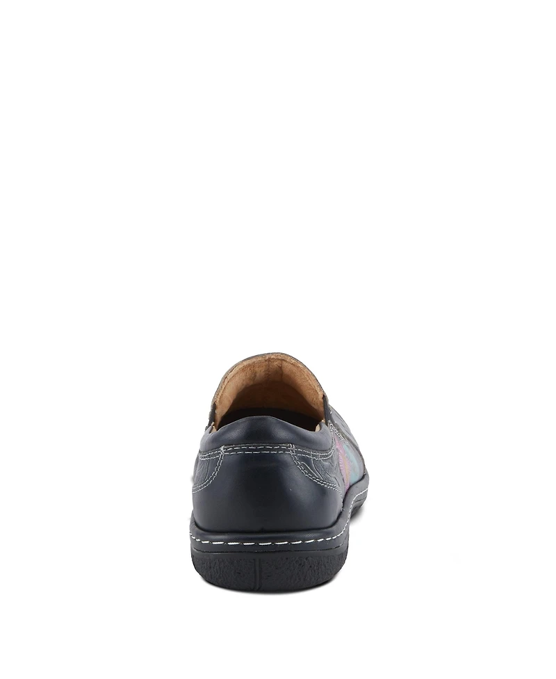 L'Artiste Women's Annawan Floral Embossed Handpainted Leather Comfort Slip-On Shoes with Stretch Gore and Padded Collar