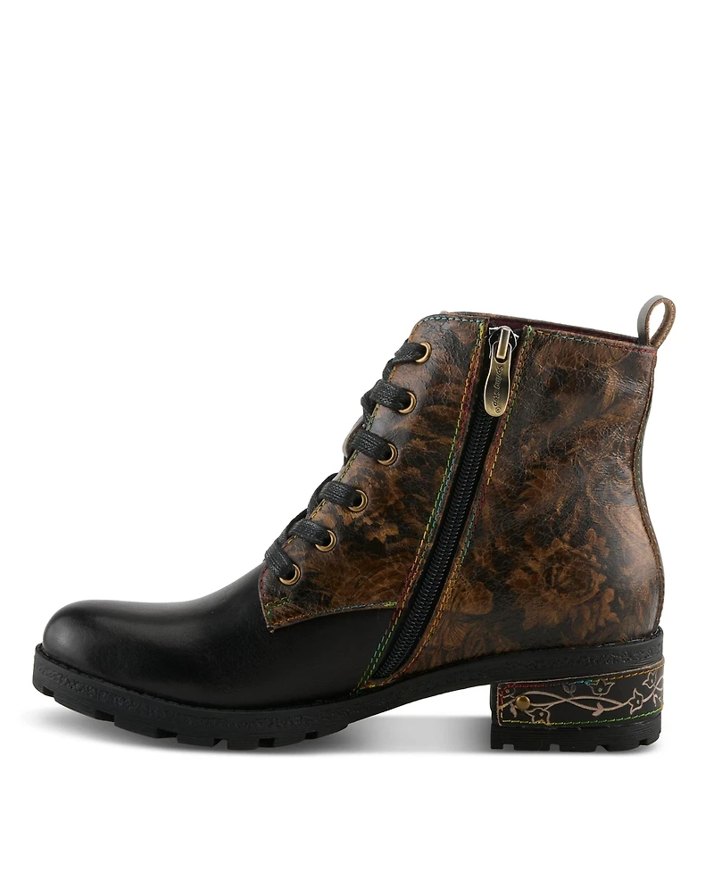 L'Artiste Women's Martinela Floral Applique Leather Boot with Rainbow Stitching and Lace-Up Detail