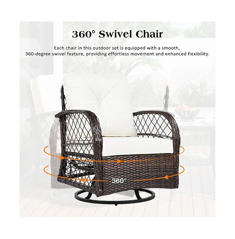 Chic Crate - 3-Piece Rattan Outdoor Furniture Set Modern Swivel Chairs & Square Table with Chat Group Design