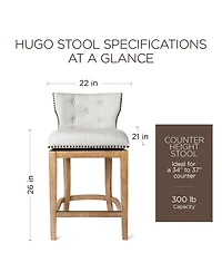 Maven Lane Hugo Counter Stool, Weathered Oak w/ Sand Fabric Upholstery, Set of 2