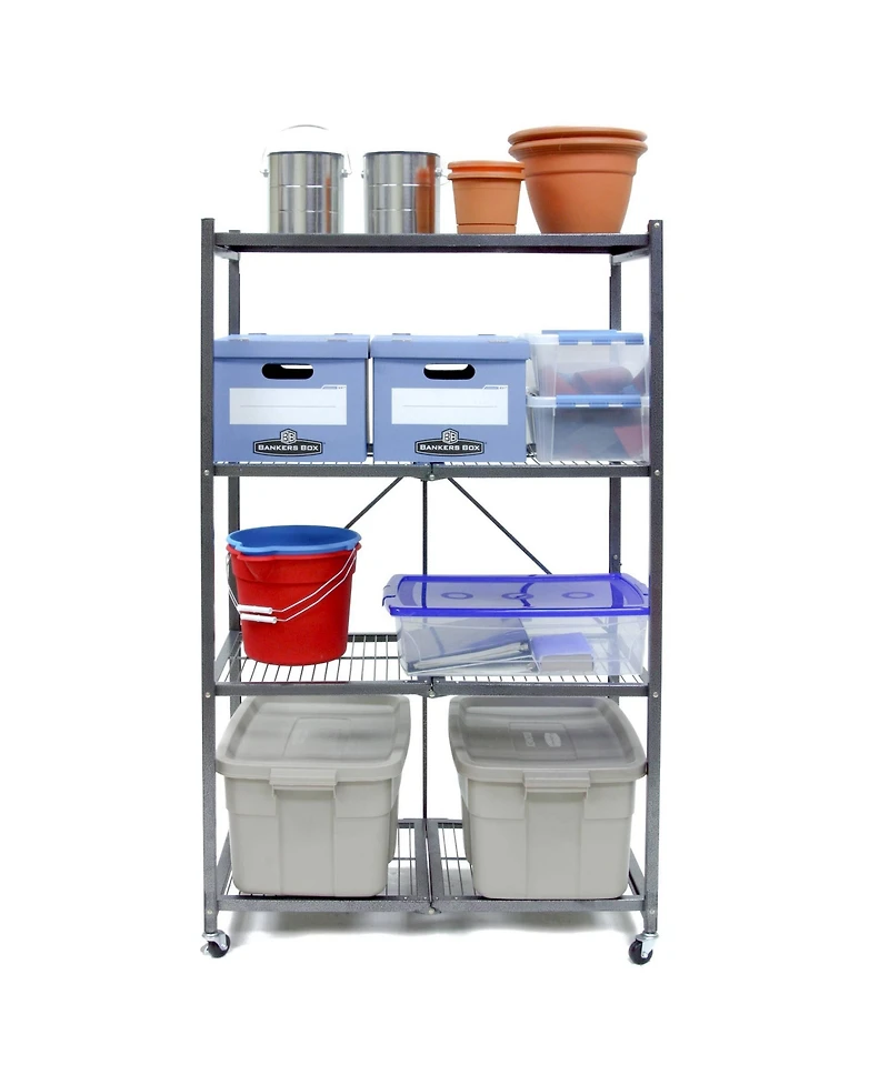 Origami R5 Foldable 4 Tier Storage Rack w/ Wheels, Pewter, Certified Refurbished