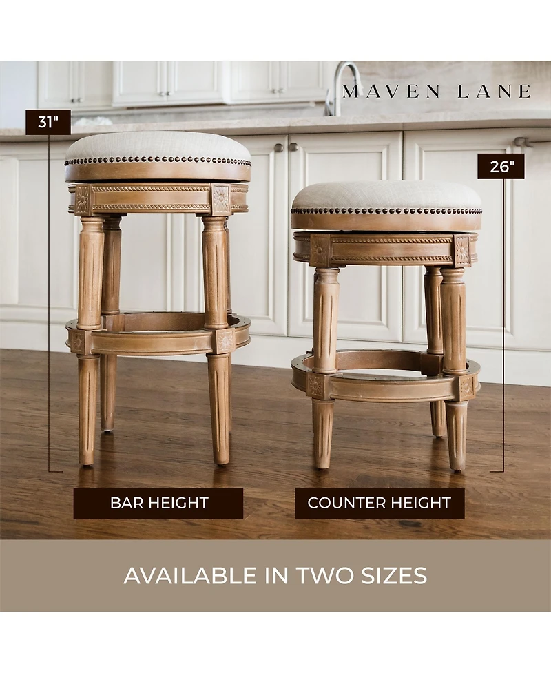 Maven Lane Pullman Backless Bar Stool in Weathered Oak Finish w/ Sand Color Fabric Upholstery, Set of 4