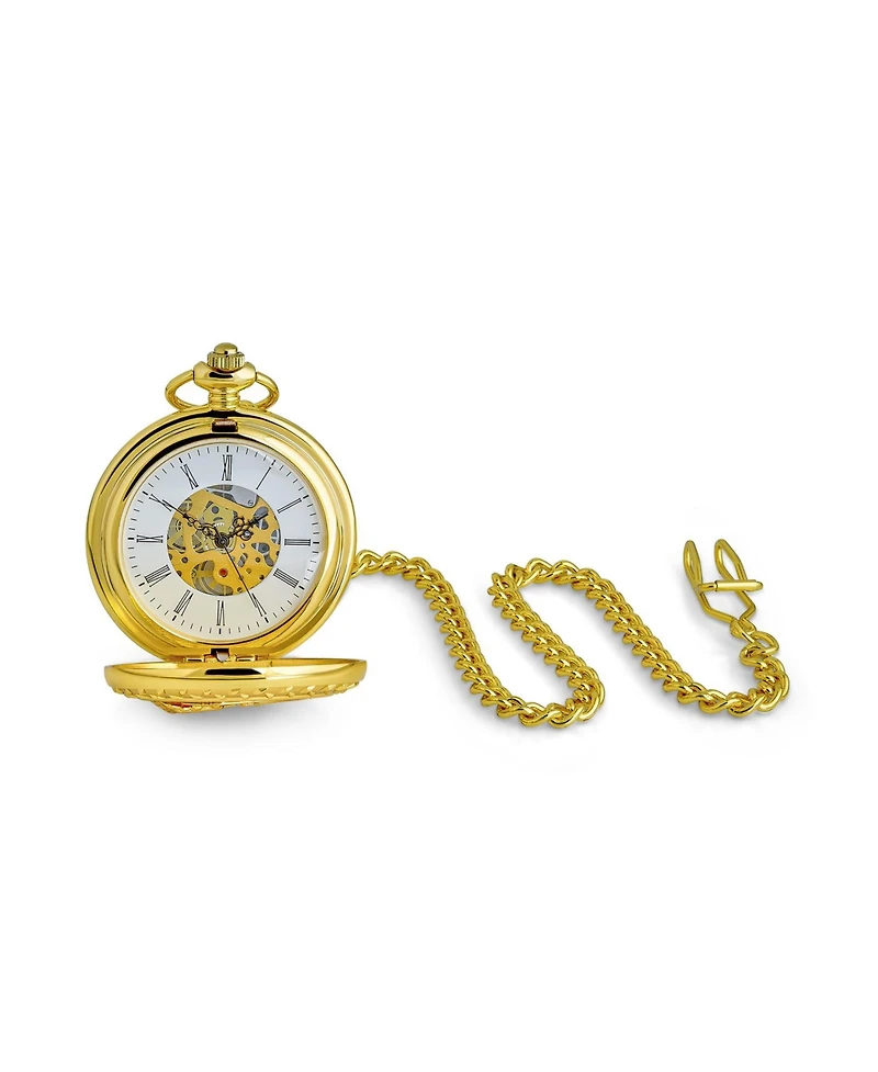 Bling Jewelry Fireman Firefighter Fire Truck Pocket Watch Two Tone Red Gold Plated With Long Pocket Chain