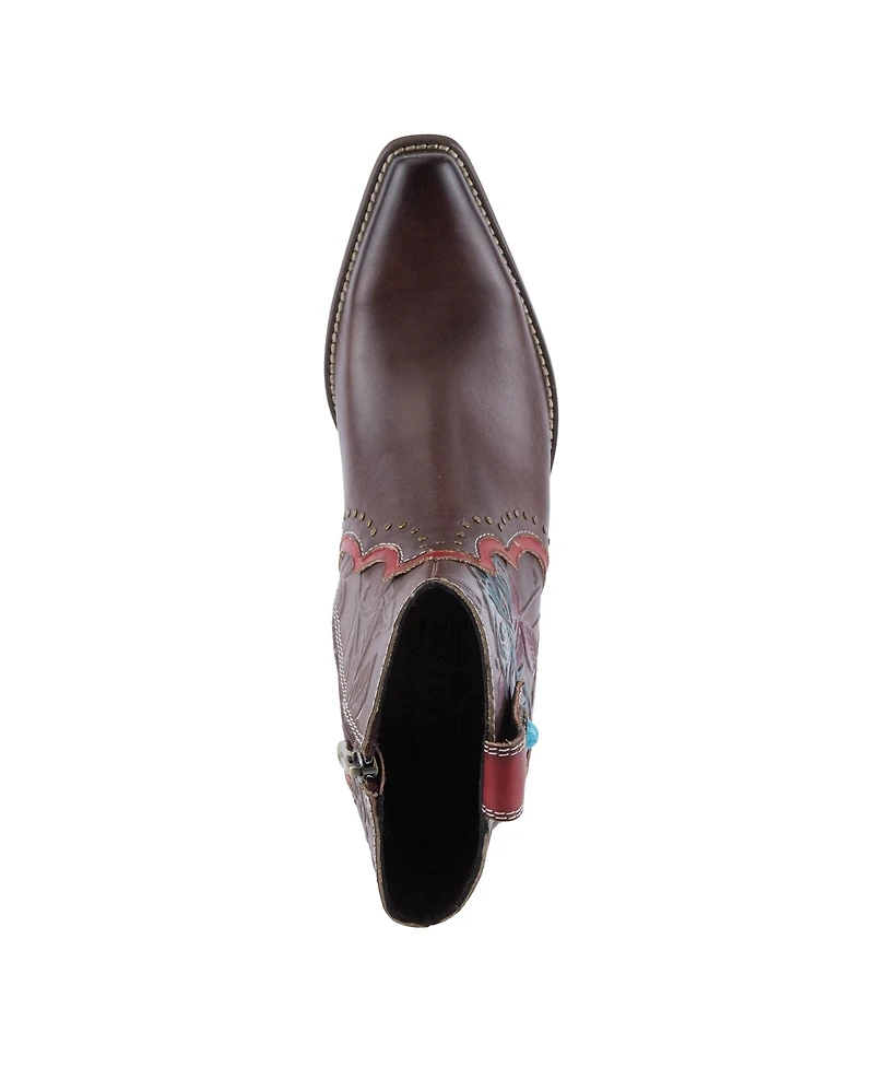 L Artiste Women s Rebamac Western Floral Embossed Leather Mid-Calf Cowboy Booties with Snip Toe and Zipper Closure