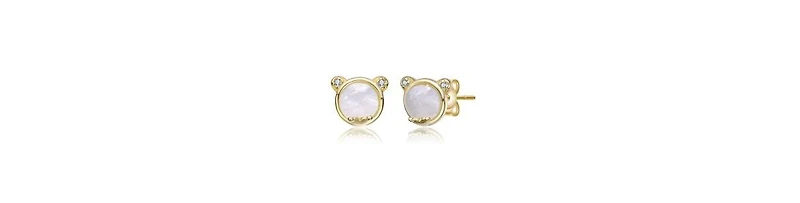 GiGiGirl 14K Gold Plated Mother Of Pearl & Clear Cubic Zirconia Bear Stud Earrings For Kids