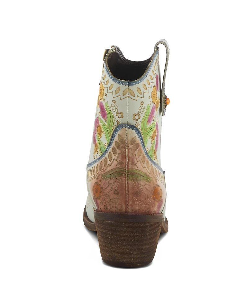 L Artiste Women s Galop Handpainted Leather Western Booties with Floral Embossing, Pull Tab, and Side Zipper
