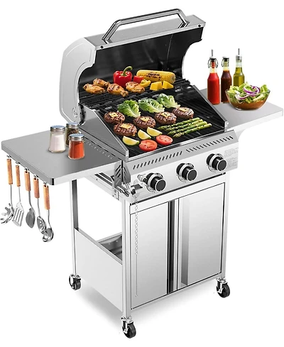 Cowsar Food Grade Stainless Steel 3-Burner Propane Gas Grill, 24000BTU , Foldable Side Table, Barbecue Grill for Outdoor Cooking, Backyard, Patio