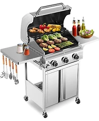 Cowsar Food Grade Stainless Steel 3-Burner Propane Gas Grill, 24000BTU , Foldable Side Table, Barbecue Grill for Outdoor Cooking, Backyard, Patio