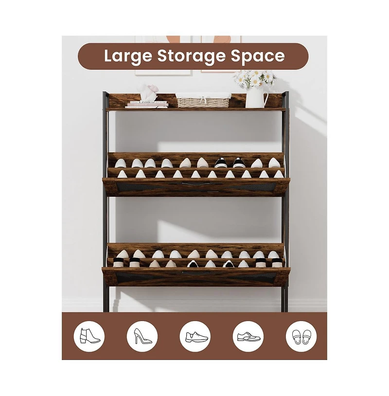 Chic Crate-2-Drawer Flip-Top Shoe Cabinet Narrow | Entryway | Metal Legs | Rustic Brown | 31.5inx8.5inx39.5in