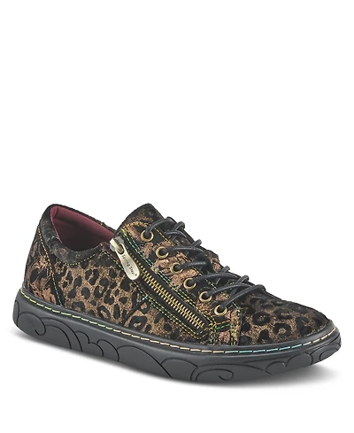 L Artiste Women s Danli-cheeta Hand Painted Leather Platform Sneakers with Metallic Floral Accents and Removable Insole