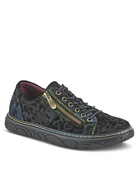 L Artiste Women s Danli-cheeta Hand Painted Leather Platform Sneakers with Metallic Floral Accents and Removable Insole
