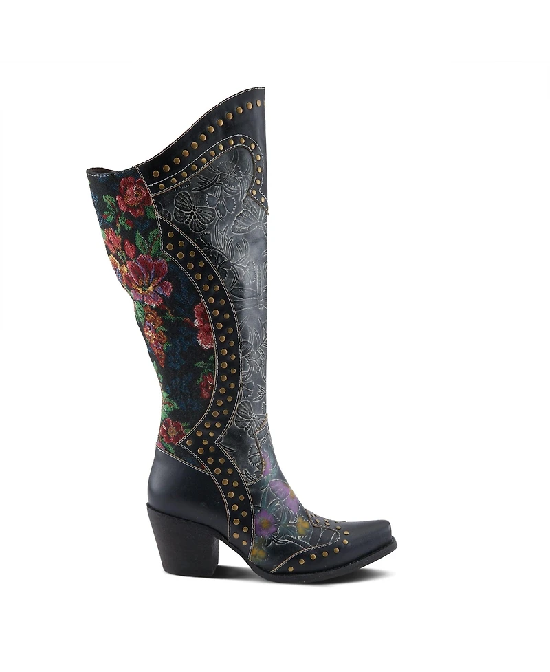 L'Artiste Women's Mallorie Hand-Painted Cowboy Boots with Floral and Butterfly Shaft Design, Snip Toe, Inside Zipper, Velvet Lining – Weste