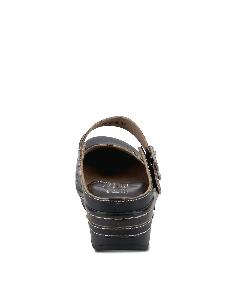 L Artiste Women s Aneria Hand-Painted Leather Clogs with Floral Laser Cutouts, Adjustable Buckle & Contrast Stitching
